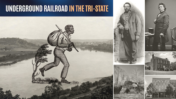 Collage of Iconic Locations of UGRR Sites in the Region overlaid on a map or photo of the Ohio River.